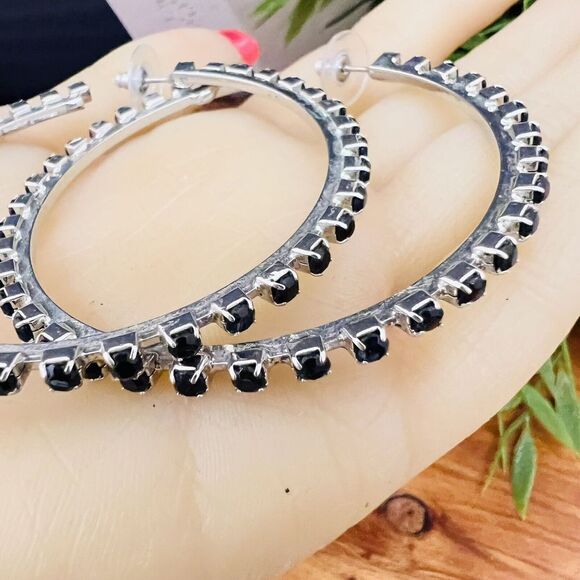 Huge Open Hoop Earrings Silver Tone Black Rhinestones Elegant Fancy 4088 - Picture 4 of 11
